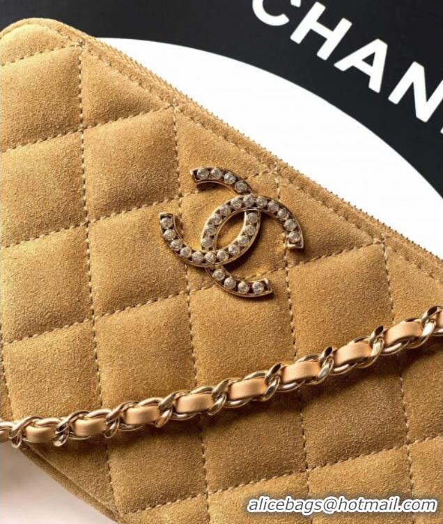 Luxury Classic Chanel Suede Zipped Phone Holder with Chain and Strass CH101102 Brown 2025