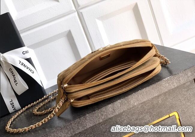 Luxury Classic Chanel Suede Zipped Phone Holder with Chain and Strass CH101102 Brown 2025