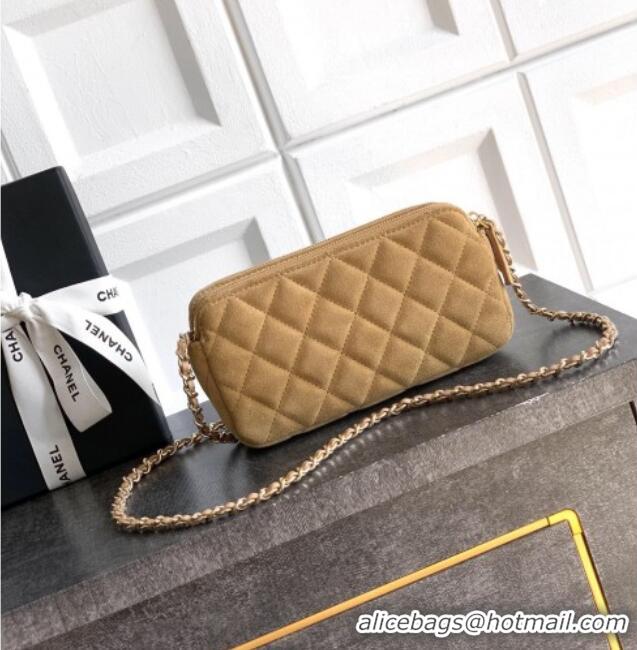 Luxury Classic Chanel Suede Zipped Phone Holder with Chain and Strass CH101102 Brown 2025