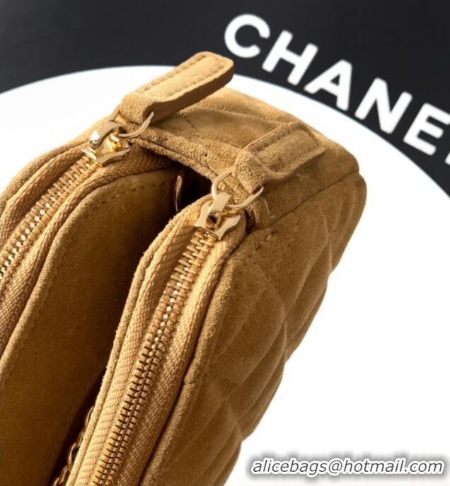 Luxury Classic Chanel Suede Zipped Phone Holder with Chain and Strass CH101102 Brown 2025
