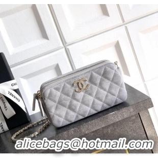 Promotional Chanel Suede Zipped Phone Holder with Chain and Strass CH101102 Grey 2025