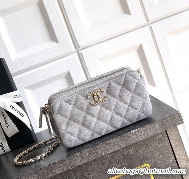 Promotional Chanel Suede Zipped Phone Holder with Chain and Strass CH101102 Grey 2025