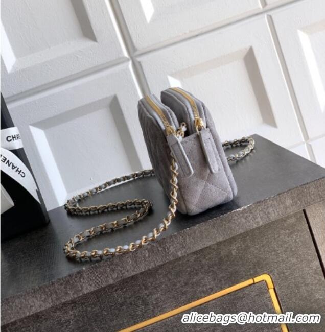 Promotional Chanel Suede Zipped Phone Holder with Chain and Strass CH101102 Grey 2025
