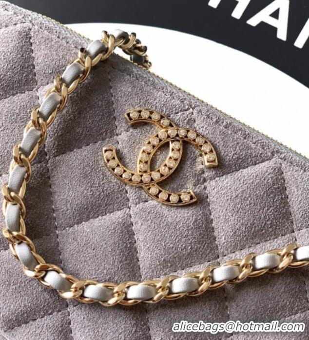 Promotional Chanel Suede Zipped Phone Holder with Chain and Strass CH101102 Grey 2025