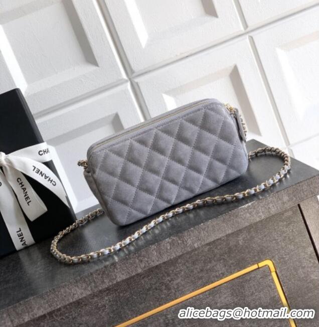 Promotional Chanel Suede Zipped Phone Holder with Chain and Strass CH101102 Grey 2025