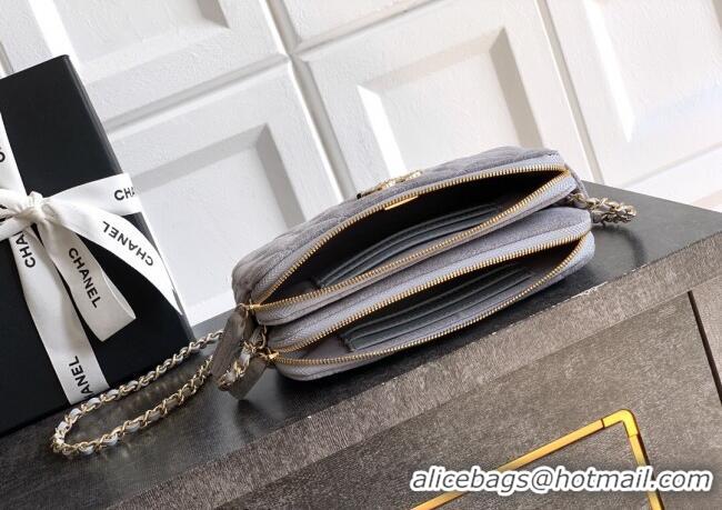 Promotional Chanel Suede Zipped Phone Holder with Chain and Strass CH101102 Grey 2025
