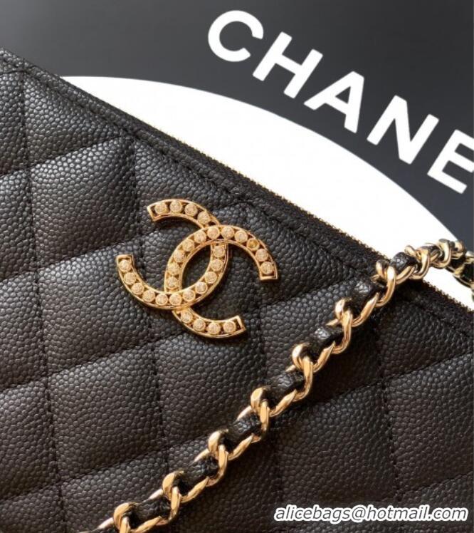 Good Quality Chanel Grained Calfskin Zipped Phone Holder with Chain and Strass CH101102 Black 2025