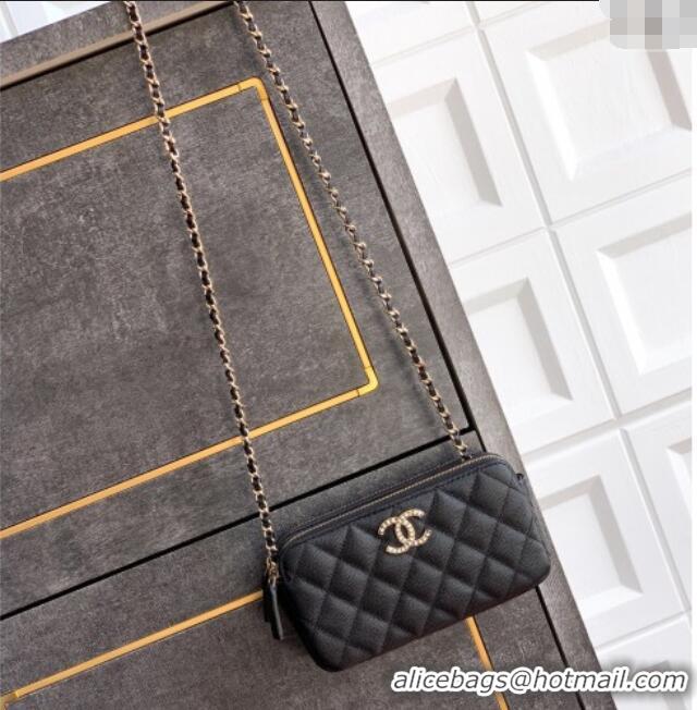 Good Quality Chanel Grained Calfskin Zipped Phone Holder with Chain and Strass CH101102 Black 2025