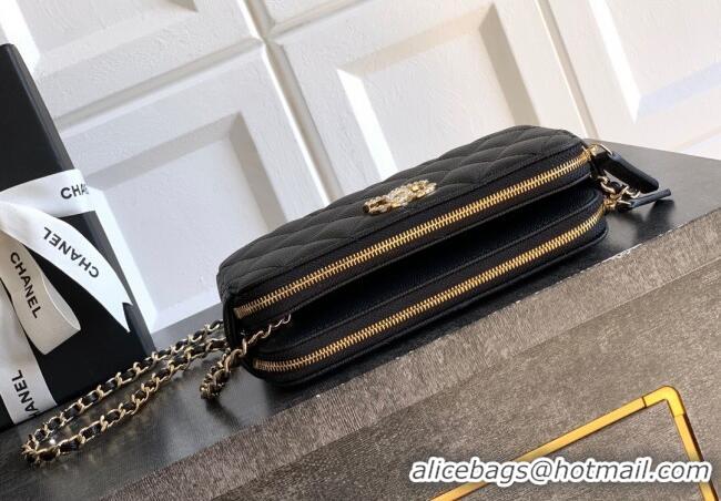 Good Quality Chanel Grained Calfskin Zipped Phone Holder with Chain and Strass CH101102 Black 2025