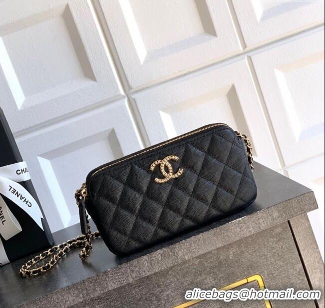 Good Quality Chanel Grained Calfskin Zipped Phone Holder with Chain and Strass CH101102 Black 2025
