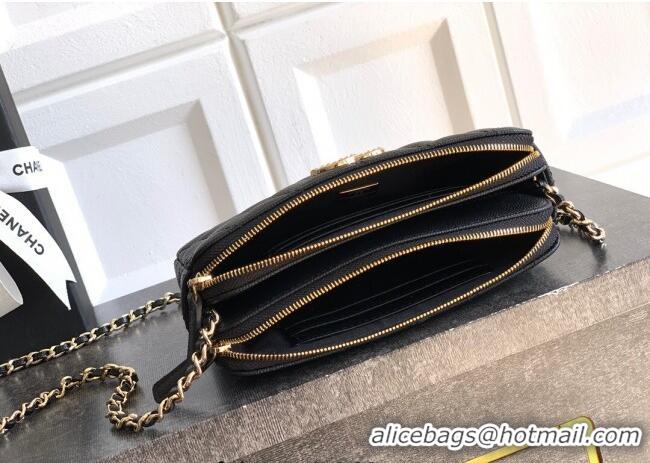 Good Quality Chanel Grained Calfskin Zipped Phone Holder with Chain and Strass CH101102 Black 2025