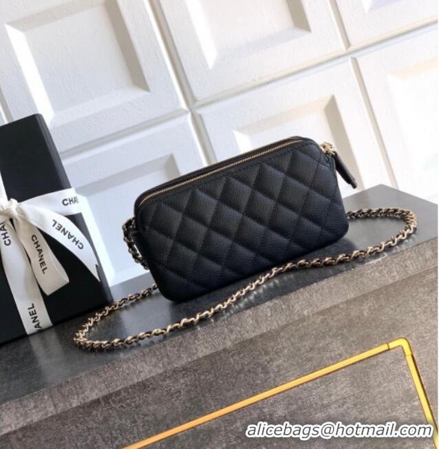 Good Quality Chanel Grained Calfskin Zipped Phone Holder with Chain and Strass CH101102 Black 2025