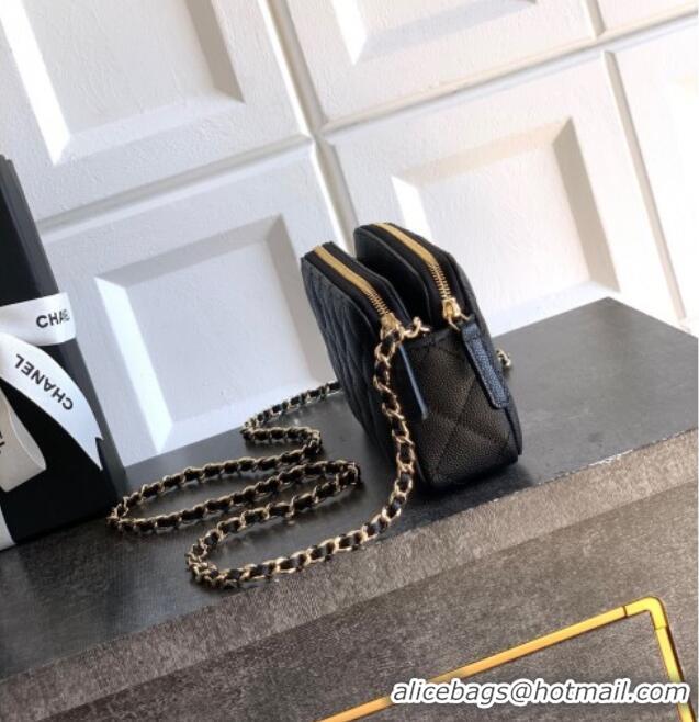 Good Quality Chanel Grained Calfskin Zipped Phone Holder with Chain and Strass CH101102 Black 2025