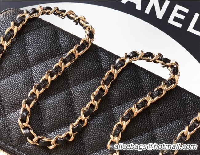 Good Quality Chanel Grained Calfskin Zipped Phone Holder with Chain and Strass CH101102 Black 2025