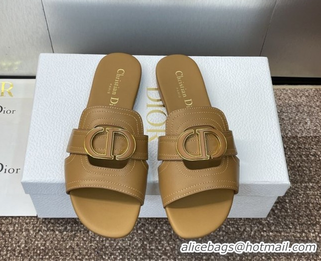 Perfect Dior 30 Montaigne Flat Slides Sandal in Calfskin Leather Light Brown DR082205 0822097