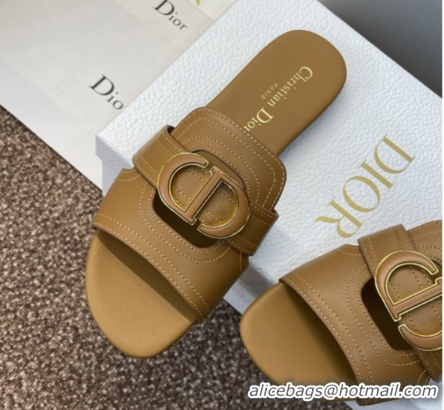 Perfect Dior 30 Montaigne Flat Slides Sandal in Calfskin Leather Light Brown DR082205 0822097
