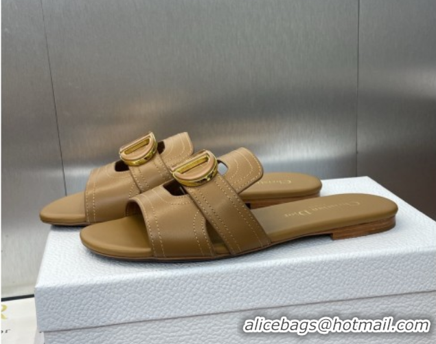 Perfect Dior 30 Montaigne Flat Slides Sandal in Calfskin Leather Light Brown DR082205 0822097