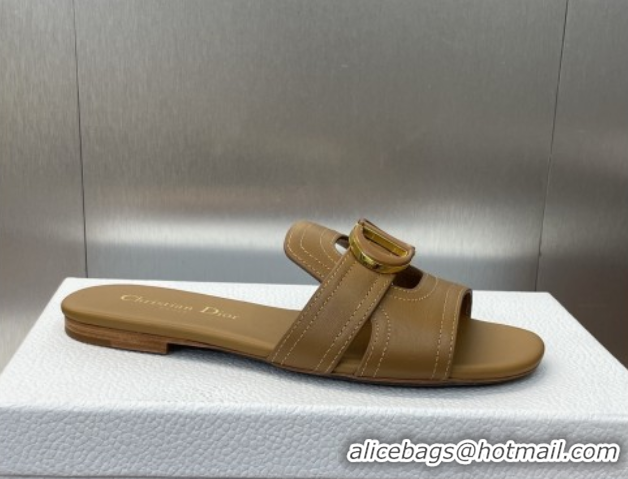 Perfect Dior 30 Montaigne Flat Slides Sandal in Calfskin Leather Light Brown DR082205 0822097