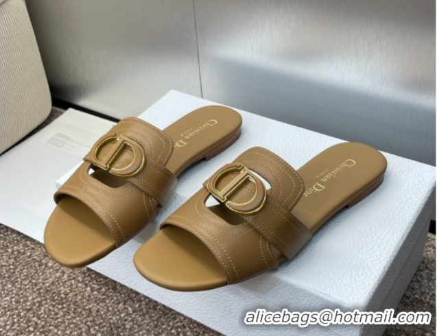 Perfect Dior 30 Montaigne Flat Slides Sandal in Calfskin Leather Light Brown DR082205 0822097