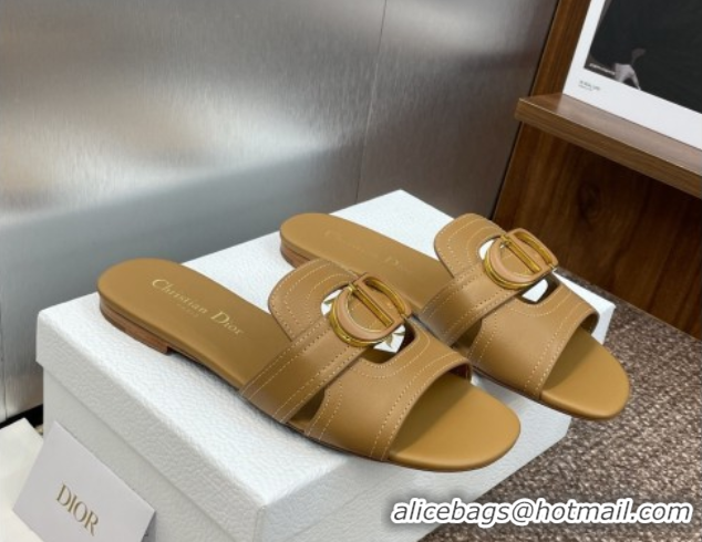 Perfect Dior 30 Montaigne Flat Slides Sandal in Calfskin Leather Light Brown DR082205 0822097