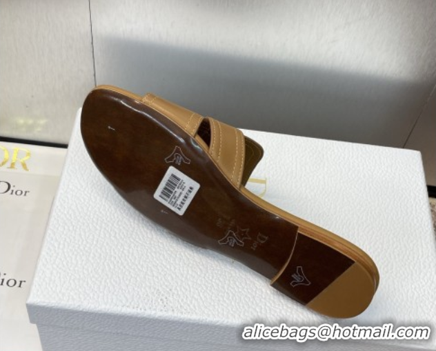 Perfect Dior 30 Montaigne Flat Slides Sandal in Calfskin Leather Light Brown DR082205 0822097