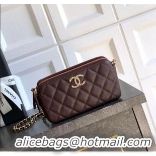Luxury Discount Chanel Grained Calfskin Zipped Phone Holder with Chain and Strass CH101102 Coffee Brown 2025