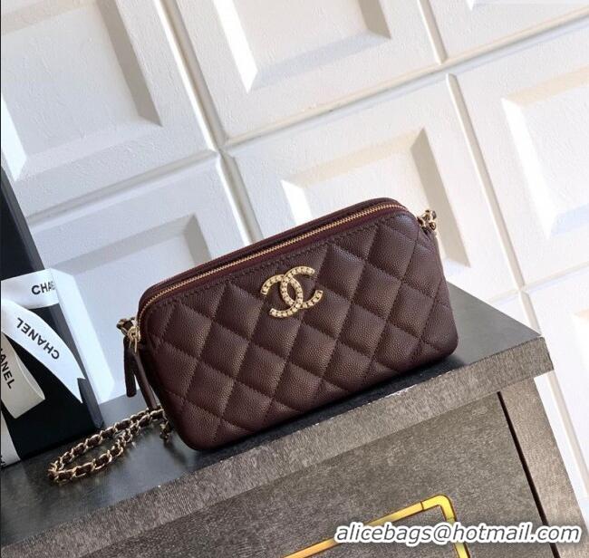 Luxury Discount Chanel Grained Calfskin Zipped Phone Holder with Chain and Strass CH101102 Coffee Brown 2025