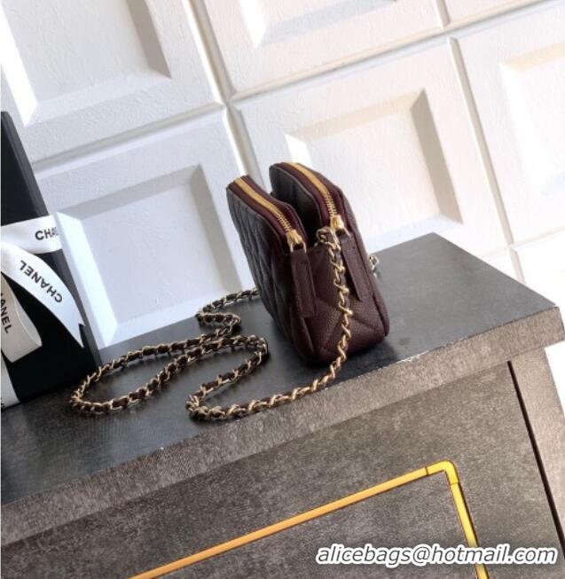 Luxury Discount Chanel Grained Calfskin Zipped Phone Holder with Chain and Strass CH101102 Coffee Brown 2025