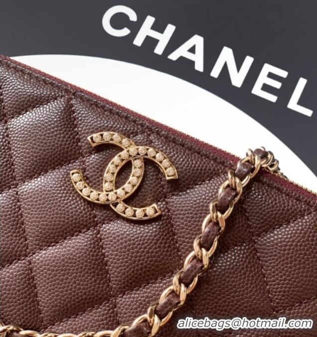 Luxury Discount Chanel Grained Calfskin Zipped Phone Holder with Chain and Strass CH101102 Coffee Brown 2025