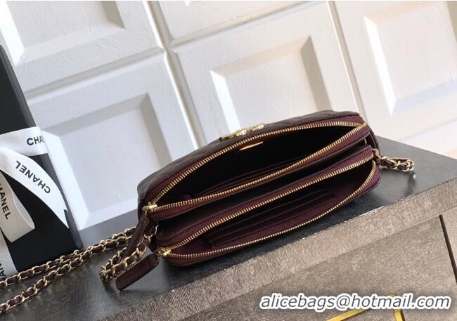Luxury Discount Chanel Grained Calfskin Zipped Phone Holder with Chain and Strass CH101102 Coffee Brown 2025