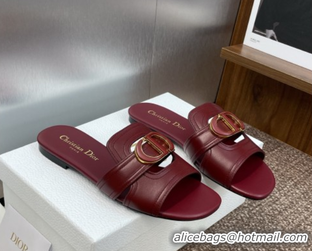 Super Quality Dior 30 Montaigne Flat Slides Sandal in Calfskin Leather Burgundy DR082205 0822098
