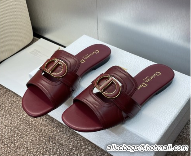 Super Quality Dior 30 Montaigne Flat Slides Sandal in Calfskin Leather Burgundy DR082205 0822098