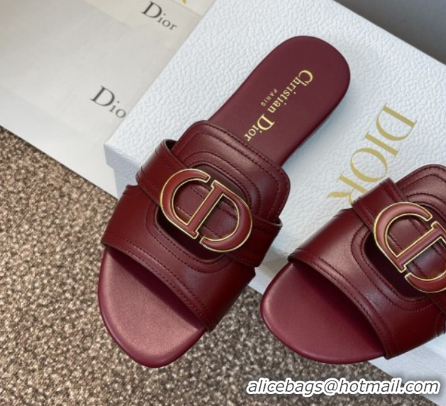 Super Quality Dior 30 Montaigne Flat Slides Sandal in Calfskin Leather Burgundy DR082205 0822098