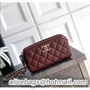 Low Cost Chanel Grained Calfskin Zipped Phone Holder with Chain and Strass CH101102 Burgundy 2025