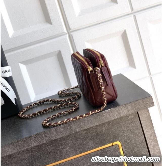 Low Cost Chanel Grained Calfskin Zipped Phone Holder with Chain and Strass CH101102 Burgundy 2025