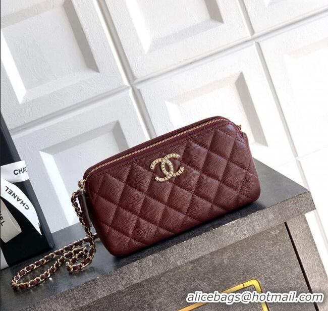 Low Cost Chanel Grained Calfskin Zipped Phone Holder with Chain and Strass CH101102 Burgundy 2025