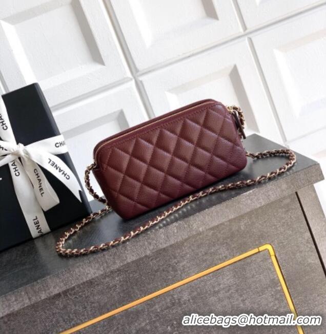 Low Cost Chanel Grained Calfskin Zipped Phone Holder with Chain and Strass CH101102 Burgundy 2025