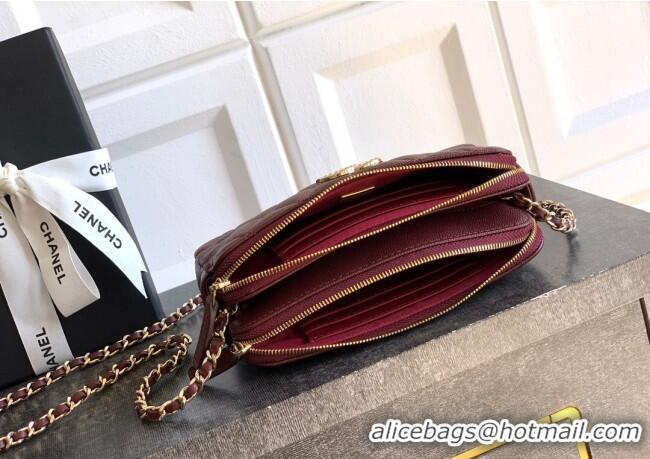 Low Cost Chanel Grained Calfskin Zipped Phone Holder with Chain and Strass CH101102 Burgundy 2025
