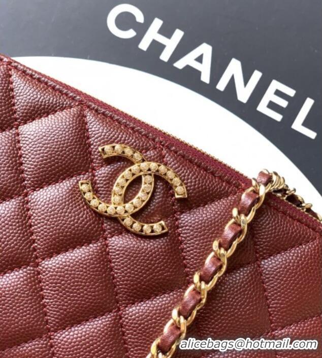 Low Cost Chanel Grained Calfskin Zipped Phone Holder with Chain and Strass CH101102 Burgundy 2025