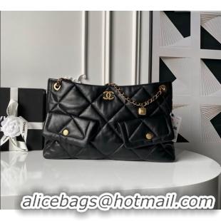 Good Quality Chanel Shiny Lambskin Shopping Bag with Pockets AS5740 Black 2025