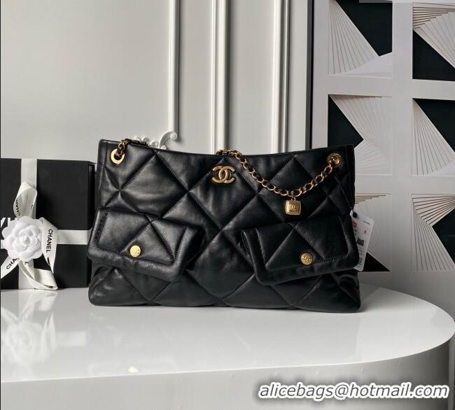 Good Quality Chanel Shiny Lambskin Shopping Bag with Pockets AS5740 Black 2025