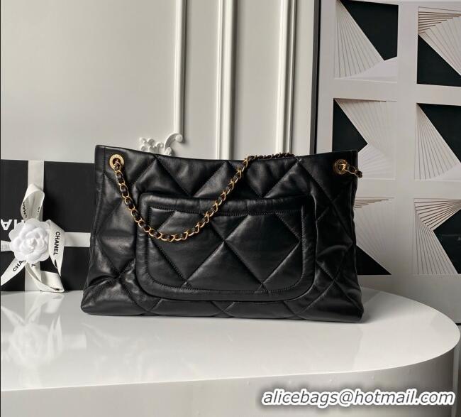 Good Quality Chanel Shiny Lambskin Shopping Bag with Pockets AS5740 Black 2025