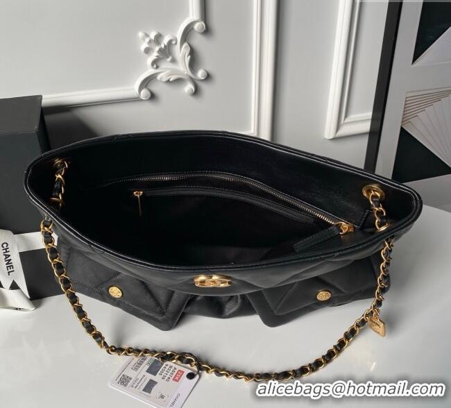 Good Quality Chanel Shiny Lambskin Shopping Bag with Pockets AS5740 Black 2025