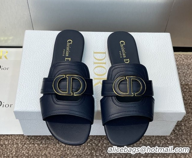 Unique Style Dior 30 Montaigne Flat Slides Sandal in Calfskin Leather Deep Blue DR082205 0822100