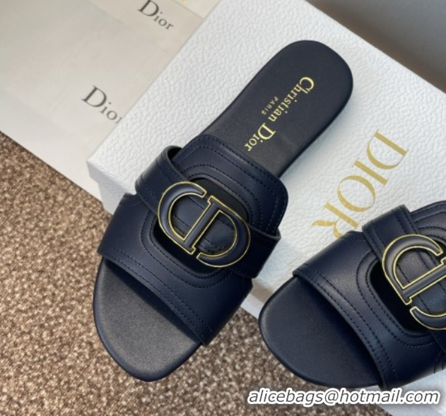 Unique Style Dior 30 Montaigne Flat Slides Sandal in Calfskin Leather Deep Blue DR082205 0822100