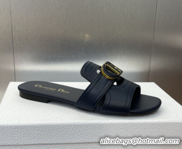 Unique Style Dior 30 Montaigne Flat Slides Sandal in Calfskin Leather Deep Blue DR082205 0822100