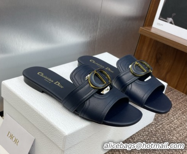 Unique Style Dior 30 Montaigne Flat Slides Sandal in Calfskin Leather Deep Blue DR082205 0822100