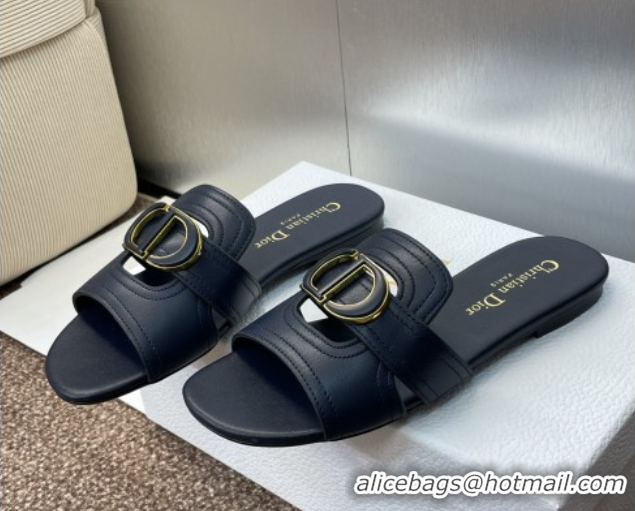 Unique Style Dior 30 Montaigne Flat Slides Sandal in Calfskin Leather Deep Blue DR082205 0822100