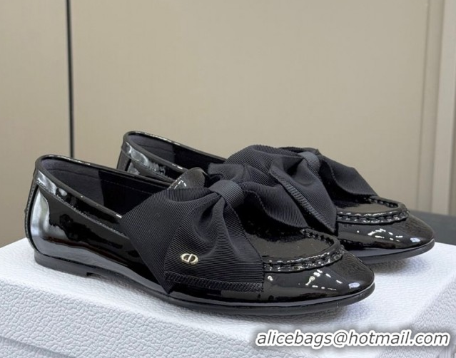 Popular Style Dior Diorissimo Loafers in Patent Calfskin and Grosgrain with Bow Black 0822103