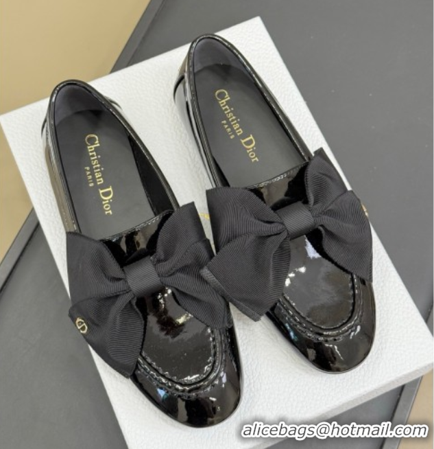 Popular Style Dior Diorissimo Loafers in Patent Calfskin and Grosgrain with Bow Black 0822103